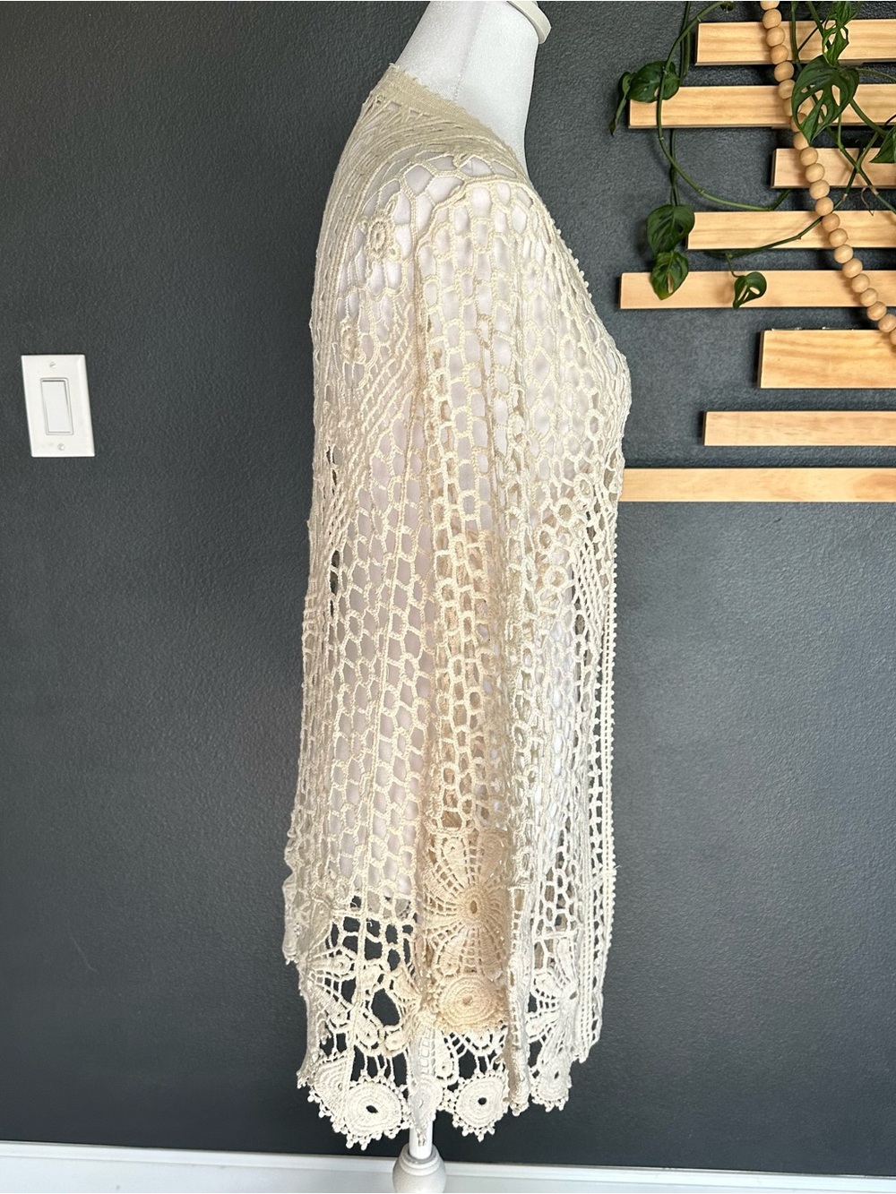 Rebellion Again 100% Cotton Crochet Lace Cardigan XS Boho Open Knit Cream Duster - Picture 5 of 8